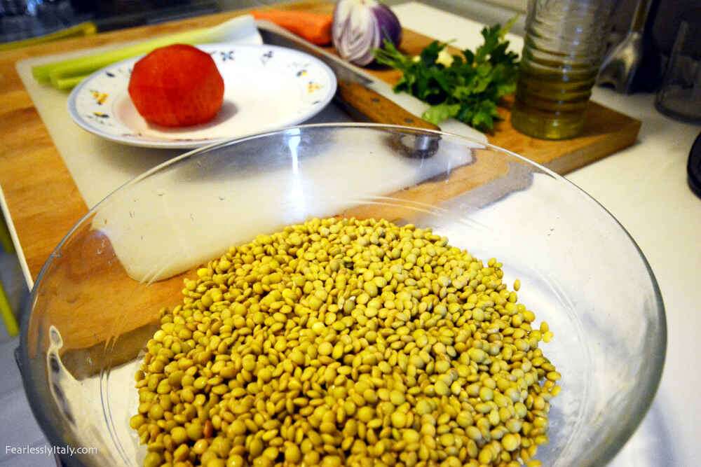 Image: Lentils and veggies in the cotechino with lentils Italian dish for New Year's Eve