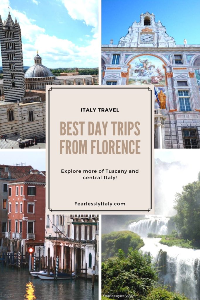 Pinterest image: four images of Italy with caption reading 'Italy travel', 'Best day trips from Florence', 'Explore more of Tuscany and central Italy!'